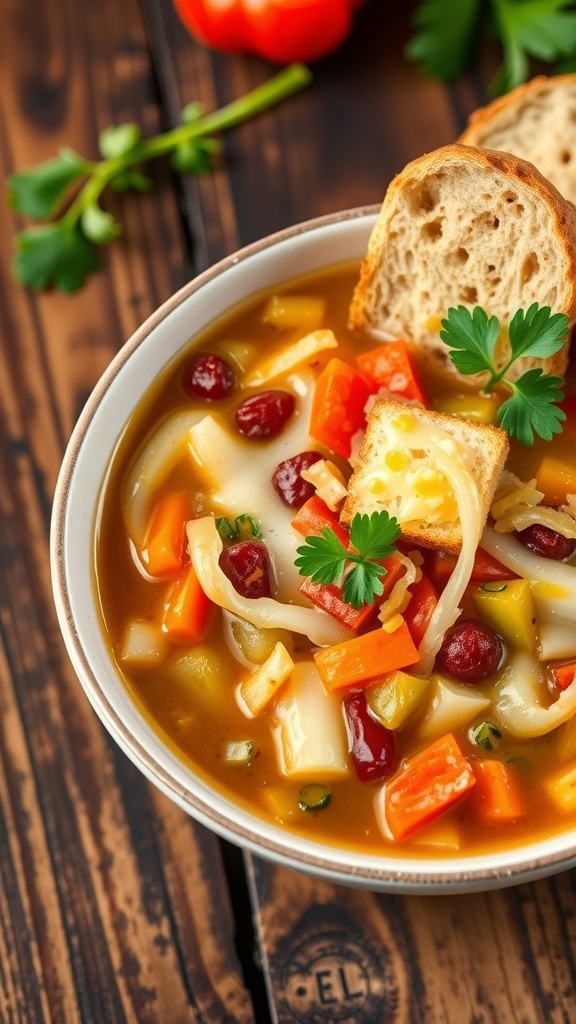 A colorful bowl of onion soup with carrots and bell peppers, topped with cheese and croutons, on a rustic table.